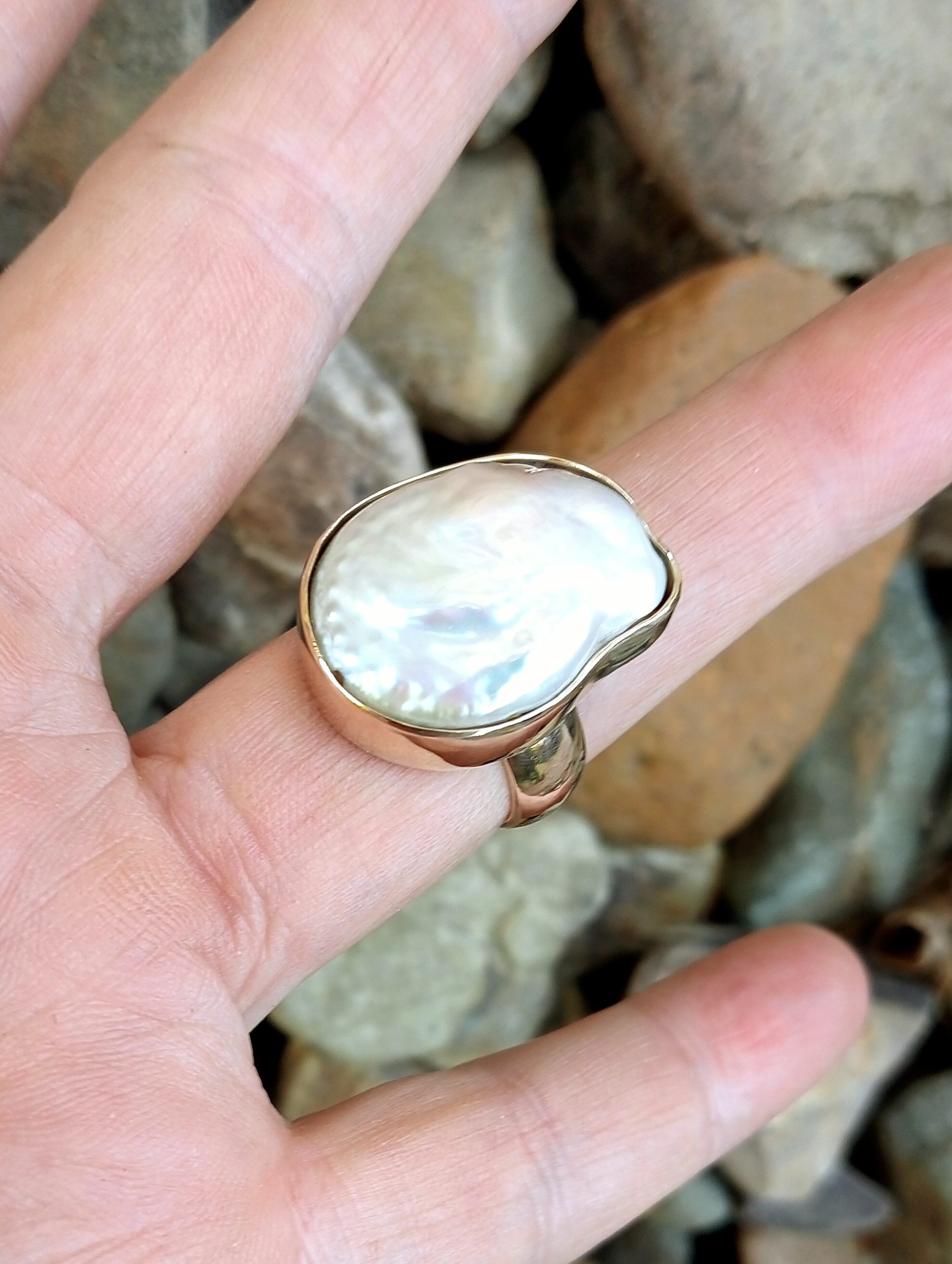 huge freshwater pearl ring in gold
