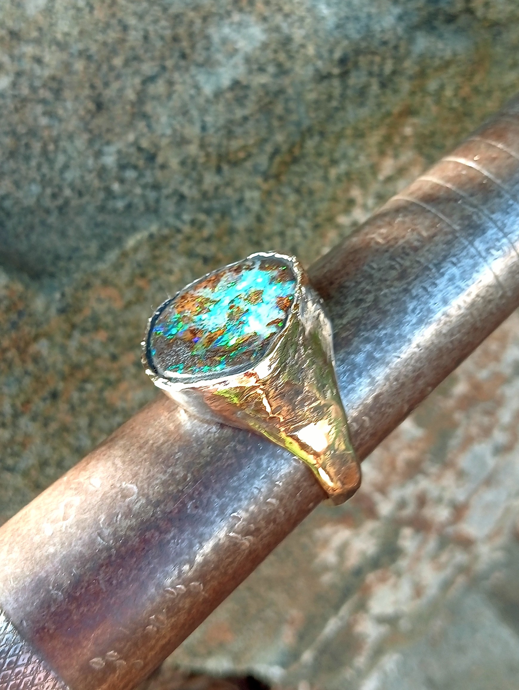 solid boulder opal in gold mens ring