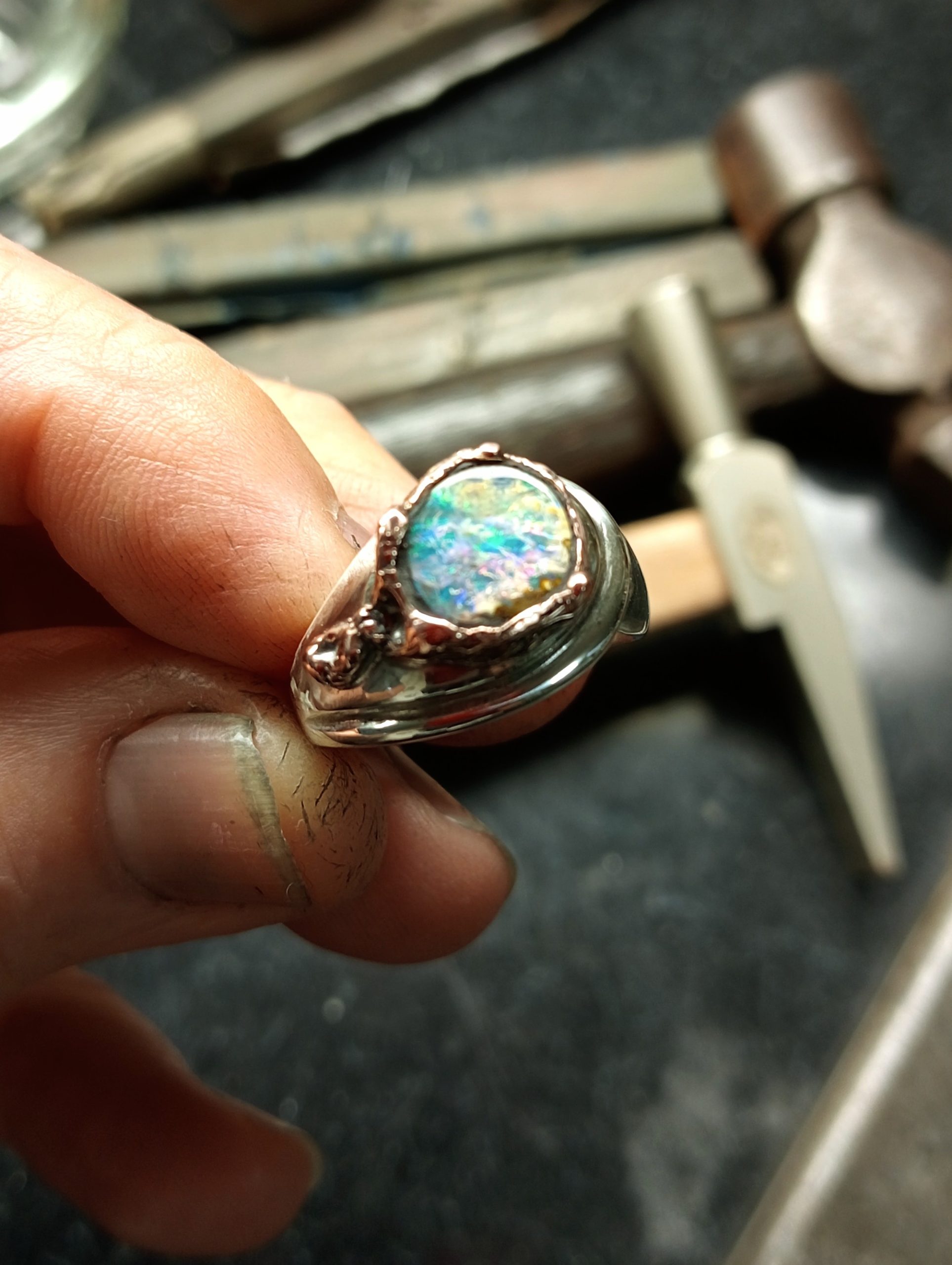 boulder opal in two tone organic curly ring