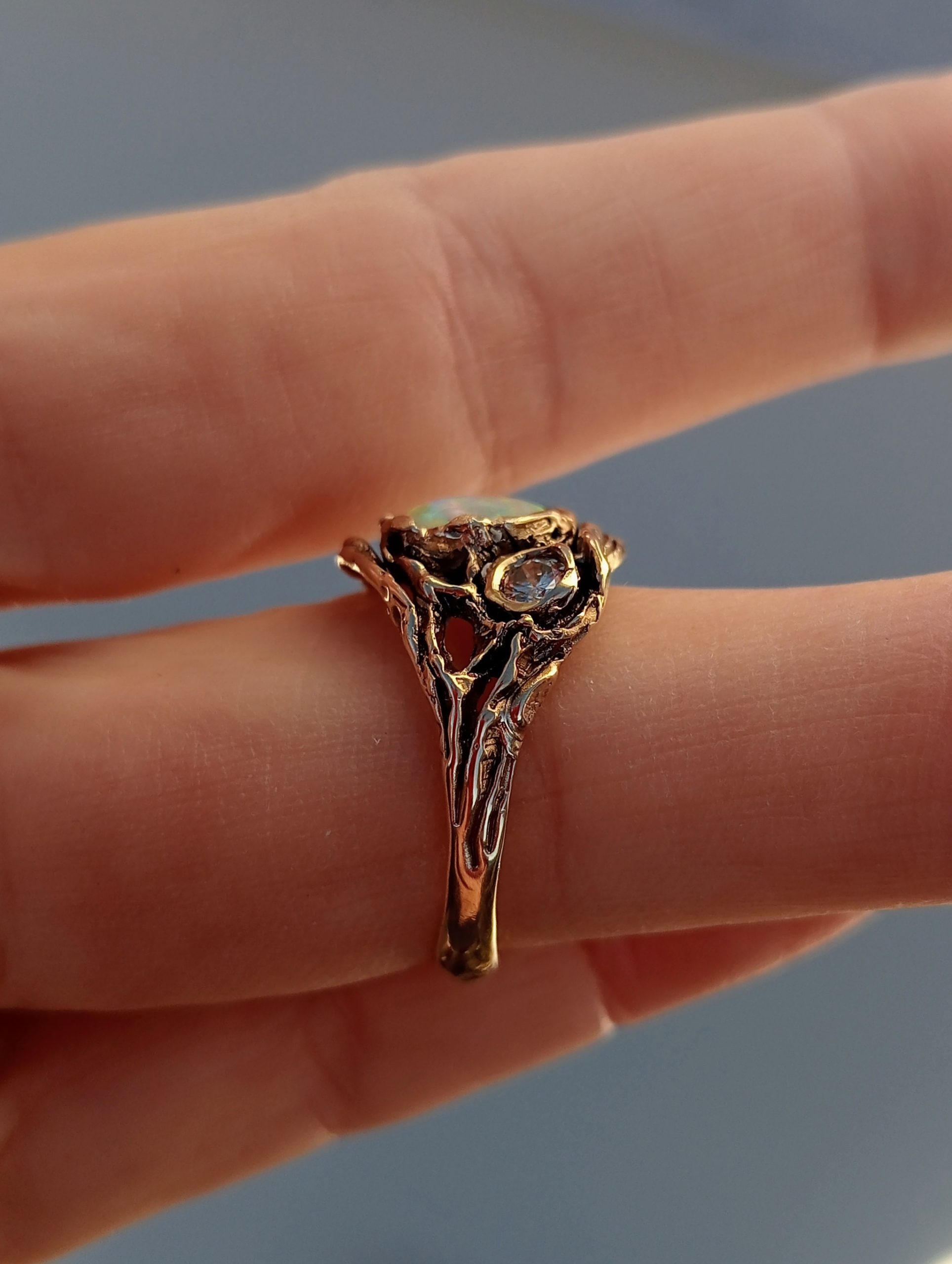 unique viney ring with opal and diamonds