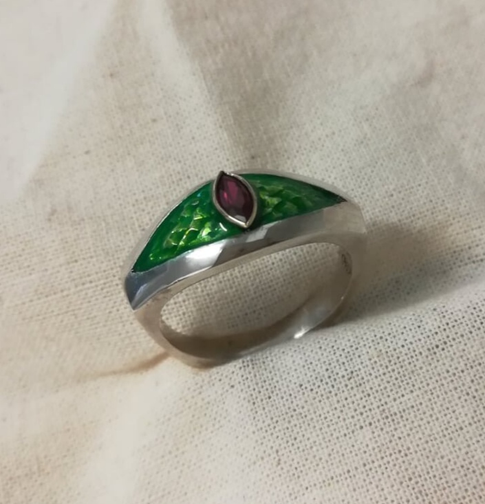 dragon eye ring with ruby and green enamel