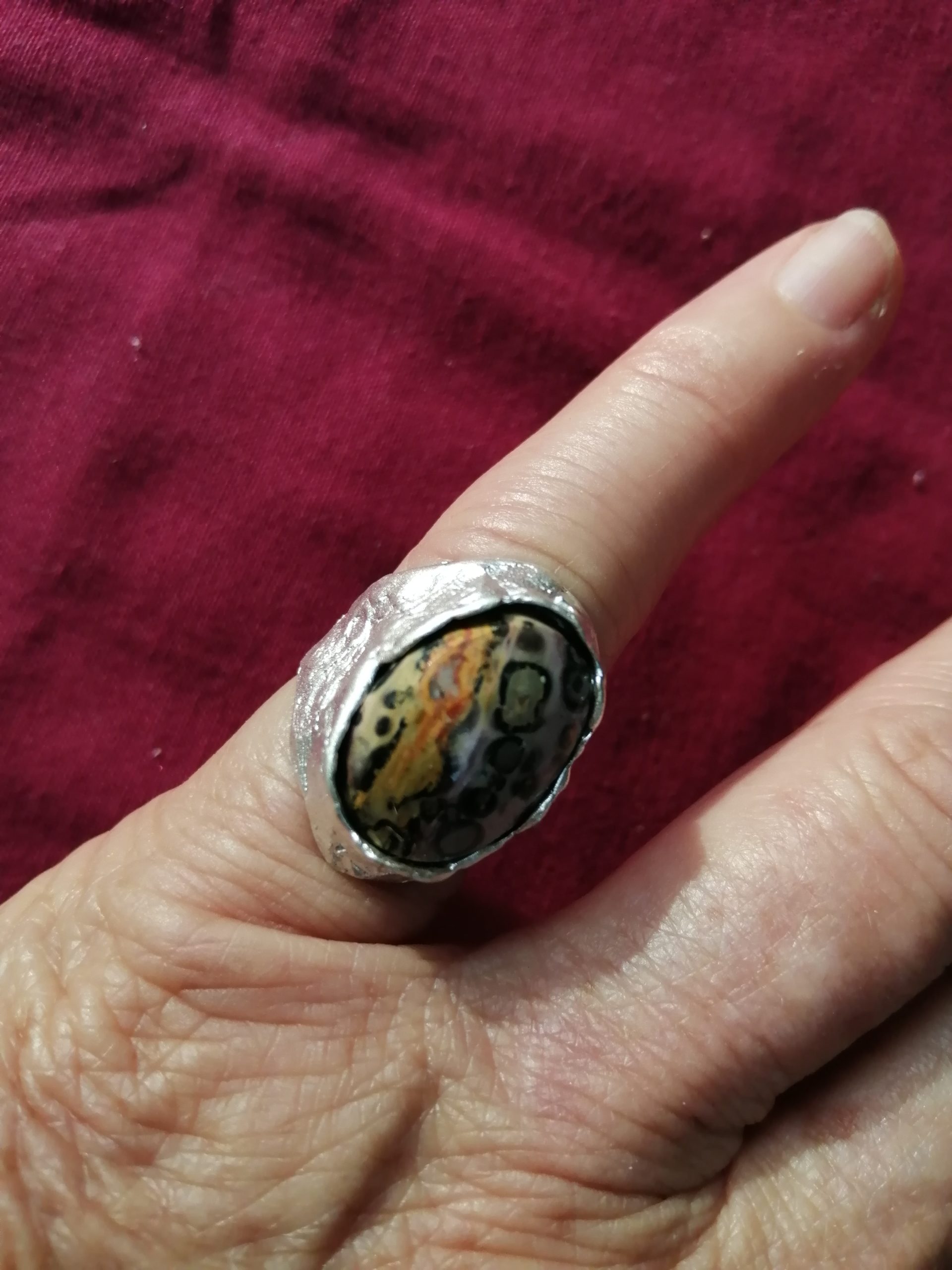leopard agate ring in textured sterling silver